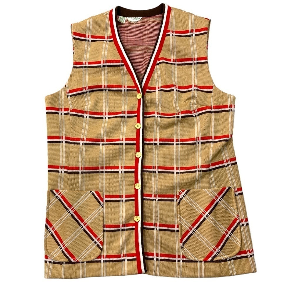 Classic Tan Plaid Vest with Red Highlights